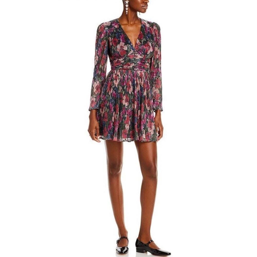 Aqua Floral Metallic Pleated V-Neck Cocktail Party Mini‎ Dress Long Sleeves XXL